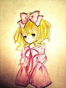 Rating: Safe Score: 0 Tags: 1girl blonde_hair bow dress eighth_note hair_bow hina_ichigo hinaichigo image kagiyama_hina looking_at_viewer musical_note puffy_sleeves ribbon short_hair solo traditional_media User: admin