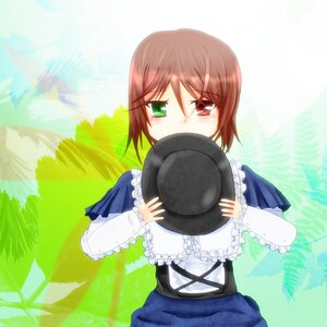 Rating: Safe Score: 0 Tags: 1girl blue_dress bow brown_hair covering_mouth dress frills green_eyes hat hat_removed headwear_removed heterochromia holding holding_clothes holding_hat image long_sleeves red_eyes short_hair solo souseiseki suiseiseki top_hat User: admin