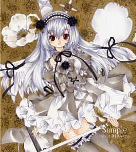 Rating: Safe Score: 0 Tags: 1girl dress flower frills hairband image lolita_fashion long_hair marker_(medium) red_eyes ribbon rose silver_hair solo suigintou thighhighs traditional_media User: admin