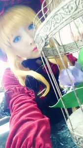 Rating: Safe Score: 0 Tags: 1girl bangs blonde_hair blue_eyes dress flower holding_umbrella long_hair long_sleeves outstretched_arm shinku solo umbrella upper_body User: admin