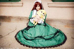 Rating: Safe Score: 0 Tags: 1girl brown_eyes brown_hair dress frills green_dress long_sleeves looking_at_viewer sitting solo stuffed_animal suiseiseki watermark web_address User: admin