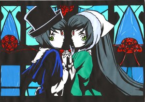 Rating: Safe Score: 0 Tags: 2girls black_hair green_eyes hat heterochromia holding_hands image interlocked_fingers long_hair looking_at_viewer multiple_girls pair red_eyes short_hair siblings sisters souseiseki suiseiseki twins wings User: admin