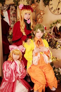 Rating: Safe Score: 0 Tags: 3girls blonde_hair blue_eyes bow dress flower hair_flower hair_ornament long_hair looking_at_viewer multiple_cosplay multiple_girls ribbon sitting smile tagme User: admin