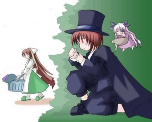 Rating: Safe Score: 0 Tags: 3girls brown_hair dress hat image long_hair long_sleeves multiple multiple_girls red_eyes short_hair sisters souseiseki suiseiseki tagme twins very_long_hair User: admin