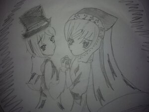 Rating: Safe Score: 0 Tags: 2girls dress greyscale hat image long_hair looking_at_viewer looking_back monochrome multiple_girls pair short_hair siblings sisters sketch souseiseki suiseiseki twins User: admin