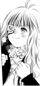 Rating: Safe Score: 0 Tags: 1girl blush flower greyscale holding_flower image kirakishou long_hair long_sleeves monochrome rose smile solo white_background User: admin