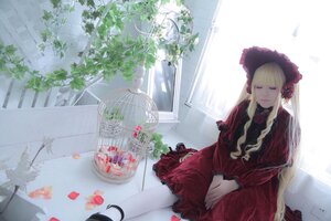 Rating: Safe Score: 0 Tags: 1girl birdcage blonde_hair bonnet cage closed_eyes dress flower long_hair red_dress rose shinku sitting solo window User: admin