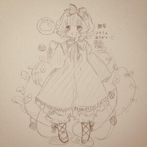 Rating: Safe Score: 0 Tags: 1girl bow dress eyebrows_visible_through_hair full_body hair_bow hinaichigo image long_sleeves looking_at_viewer monochrome open_mouth sketch smile solo standing traditional_media User: admin