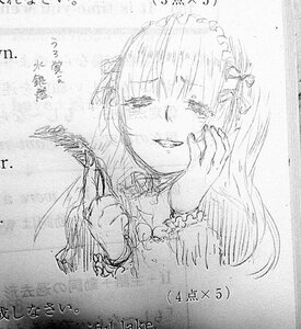 Rating: Safe Score: 0 Tags: 1girl greyscale image long_hair maid_headdress monochrome photo sketch smile solo suigintou traditional_media User: admin