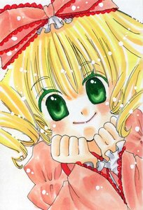 Rating: Safe Score: 0 Tags: 1girl blonde_hair bow eyebrows_visible_through_hair frills green_eyes hinaichigo image long_sleeves looking_at_viewer marker_(medium) short_hair smile solo traditional_media User: admin