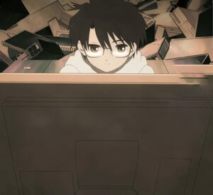 Rating: Safe Score: 0 Tags: 1boy 1girl bangs black-framed_eyewear black_hair box cardboard_box glasses human looking_at_viewer sakurada_jun screenshot solo User: admin