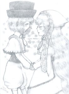 Rating: Safe Score: 0 Tags: 2girls bonnet capelet closed_eyes dress greyscale hat image long_hair long_sleeves looking_at_another monochrome multiple_girls pair profile short_hair souseiseki suiseiseki traditional_media yuri User: admin