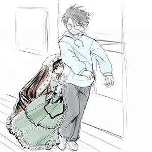 Rating: Safe Score: 0 Tags: 1boy 1girl black_hair brown_hair dress glasses hood image long_hair long_sleeves solo suiseiseki very_long_hair User: admin