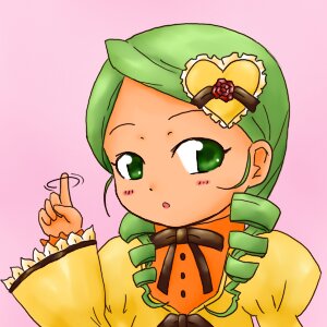 Rating: Safe Score: 0 Tags: 1girl :o blush drill_hair food green_eyes green_hair hat image kanaria long_sleeves pink_background ribbon solo twin_drills upper_body User: admin
