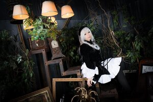 Rating: Safe Score: 0 Tags: 1girl dress indoors lamp lantern leaf long_hair long_sleeves plant potted_plant sitting solo standing suigintou white_hair User: admin