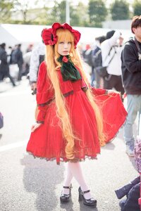 Rating: Safe Score: 0 Tags: 1girl black_footwear blonde_hair blurry blurry_background bonnet bow depth_of_field dress flower long_hair long_sleeves photo red_dress shinku shoes solo solo_focus standing white_legwear User: admin