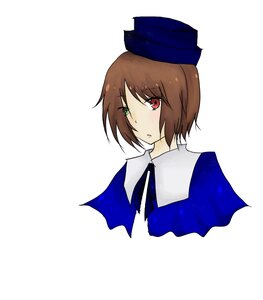 Rating: Safe Score: 0 Tags: 1girl bangs blue_dress blue_neckwear blush brown_hair closed_mouth collar eyebrows_visible_through_hair green_eyes hat heterochromia image looking_at_viewer red_eyes short_hair simple_background solo souseiseki white_background User: admin