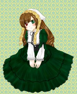 Rating: Safe Score: 0 Tags: 1girl blush brown_hair dress frills green_dress green_eyes head_scarf heterochromia image long_hair long_sleeves looking_at_viewer red_eyes smile solo suiseiseki very_long_hair yellow_background User: admin