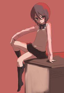 Rating: Safe Score: 0 Tags: 1girl arm_support black_legwear black_skirt bow brown_hair full_body heterochromia image kneehighs long_sleeves looking_at_viewer red_background short_hair simple_background sitting skirt socks solo souseiseki User: admin