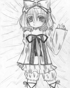 Rating: Safe Score: 0 Tags: 1girl bare_shoulders bed_sheet bloomers blush bow drill_hair greyscale hair_bow hinaichigo image long_sleeves looking_at_viewer lying monochrome on_back on_bed short_hair solo traditional_media underwear User: admin