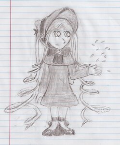 Rating: Safe Score: 0 Tags: 1girl dress hat image long_hair long_sleeves monochrome rain shinku solo standing traditional_media User: admin