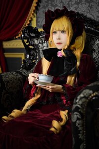 Rating: Safe Score: 0 Tags: 1girl blonde_hair blue_eyes chair curtains dress flower red_dress rose shinku sitting solo User: admin