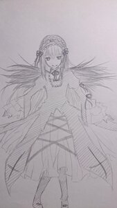 Rating: Safe Score: 0 Tags: 1girl boots dress feathered_wings frills greyscale hairband image long_hair long_sleeves looking_at_viewer monochrome smile solo standing suigintou traditional_media very_long_hair wings User: admin