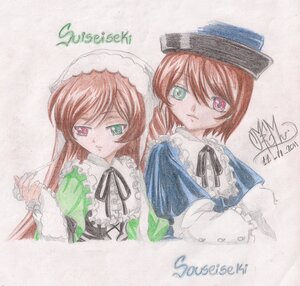 Rating: Safe Score: 0 Tags: 2girls auto_tagged black_ribbon brown_hair character_name dress frills green_dress green_eyes hat heterochromia image long_hair long_sleeves looking_at_viewer multiple_girls pair red_eyes ribbon short_hair siblings sisters souseiseki suiseiseki traditional_media twins watercolor_(medium) User: admin