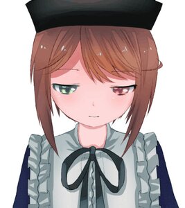 Rating: Safe Score: 0 Tags: 1girl apron blush brown_eyes brown_hair closed_mouth dress eyebrows_visible_through_hair frills hat image looking_at_viewer simple_background solo souseiseki white_background User: admin