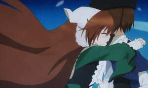 Rating: Safe Score: 0 Tags: 1boy blush brown_hair closed_eyes dress frills from_side hat hug image incest kiss long_sleeves pair short_hair siblings sisters souseiseki suiseiseki twins User: admin