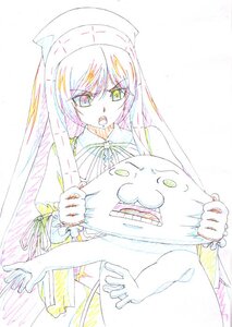 Rating: Safe Score: 0 Tags: 1girl bangs color_trace eyebrows_visible_through_hair green_eyes hat holding image long_hair long_sleeves looking_at_viewer neck_ribbon open_mouth ribbon solo standing suiseiseki User: admin