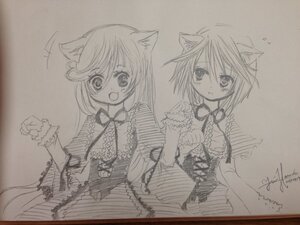 Rating: Safe Score: 0 Tags: 2girls animal_ears cat_ears frills image long_sleeves monochrome multiple_girls open_mouth pair signature souseiseki suiseiseki traditional_media yumeki_kokoro User: admin