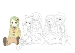 Rating: Safe Score: 0 Tags: 5girls blush bow closed_eyes dress green_eyes hair_ornament hat hina_ichigo kanaria long_hair long_sleeves multiple_girls short_hair sitting smile striped User: admin