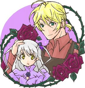 Rating: Safe Score: 0 Tags: 1boy 1girl ahoge auto_tagged barasuishou blonde_hair flower green_eyes image long_hair long_sleeves oekaki purple_flower rose silver_hair solo User: admin