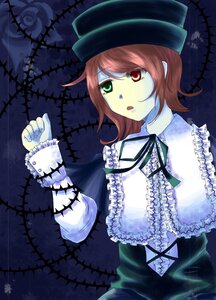 Rating: Safe Score: 0 Tags: 1girl :o brown_hair dress frills green_dress green_eyes hat heterochromia image long_sleeves open_mouth red_eyes ribbon short_hair solo souseiseki suiseiseki User: admin