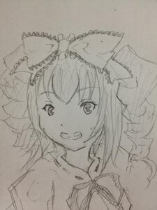 Rating: Safe Score: 0 Tags: 1girl bow greyscale hair_bow hinaichigo image kagiyama_hina looking_at_viewer monochrome ribbon sketch smile solo traditional_media User: admin