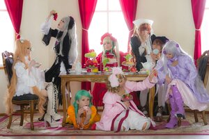 Rating: Safe Score: 0 Tags: 6+girls blonde_hair brown_hair chair curtains dress flower food formal green_hair hair_ornament indoors instrument long_hair multiple_boys multiple_cosplay multiple_girls short_hair silver_hair sitting suit table tagme twintails window User: admin