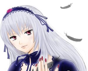 Rating: Safe Score: 0 Tags: 1girl auto_tagged bangs black_feathers black_wings closed_mouth detached_collar feathers fingernails flower frills hairband image long_hair looking_at_viewer nail_polish pink_eyes purple_nails red_nails ribbon rose silver_hair simple_background smile solo suigintou white_background wings User: admin