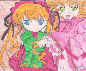 Rating: Safe Score: 0 Tags: 2girls :d auto_tagged blue_eyes bow dress flower green_eyes hinaichigo image long_hair long_sleeves marker_(medium) multiple_girls open_mouth orange_hair pair ribbon rose shikishi shinku traditional_media twintails User: admin