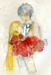 Rating: Safe Score: 0 Tags: 1boy 1girl blonde_hair blue_hair closed_eyes dress image long_hair long_sleeves ribbon shinku short_hair solo very_long_hair User: admin