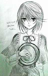 Rating: Safe Score: 0 Tags: 1girl bangs closed_mouth dated eyebrows_visible_through_hair frills headwear_removed holding image long_sleeves looking_at_viewer monochrome ribbon short_hair smile solo souseiseki traditional_media User: admin