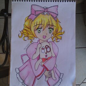 Rating: Safe Score: 0 Tags: 1girl blonde_hair bow dress frills green_eyes hina_ichigo hinaichigo image marker_(medium) open_mouth photo pink_bow pink_dress shikishi smile solo standing stuffed_animal traditional_media User: admin