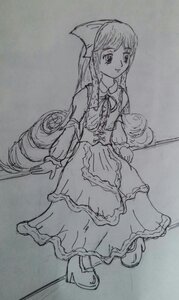 Rating: Safe Score: 0 Tags: 1girl bow dress full_body greyscale hair_bow image long_hair long_sleeves looking_at_viewer monochrome sketch smile solo standing suiseiseki traditional_media very_long_hair User: admin