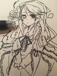 Rating: Safe Score: 0 Tags: 1girl dress flower frills image long_hair long_sleeves looking_at_viewer monochrome ribbon rose solo suiseiseki wide_sleeves User: admin
