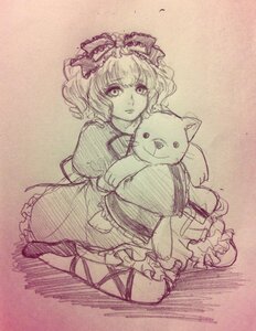 Rating: Safe Score: 0 Tags: 1girl bow dress frills hair_bow hair_ribbon hinaichigo image kagiyama_hina looking_at_viewer medicine_melancholy monochrome puffy_short_sleeves puffy_sleeves ribbon short_hair sitting solo stuffed_animal traditional_media User: admin