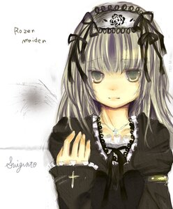 Rating: Safe Score: 0 Tags: 1girl bangs black_ribbon closed_mouth collarbone cross cross_necklace dress frills hair_ribbon image jewelry latin_cross long_hair long_sleeves looking_at_viewer necklace ribbon simple_background smile solo suigintou upper_body white_background User: admin