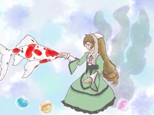 Rating: Safe Score: 0 Tags: 1girl animal apron bird brown_hair dress drill_hair fish frills green_dress green_eyes image long_hair long_sleeves solo suiseiseki very_long_hair water User: admin