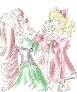 Rating: Safe Score: 0 Tags: blonde_hair bow closed_eyes cup dress drinking frills hair_bow hina_ichigo hinaichigo holding image long_hair long_sleeves multiple_girls pair suiseiseki User: admin