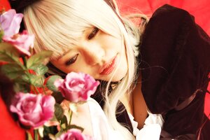 Rating: Safe Score: 0 Tags: 1girl bangs blurry blurry_background blurry_foreground brown_eyes depth_of_field flower lips looking_at_viewer pink_flower realistic solo suigintou white_hair User: admin
