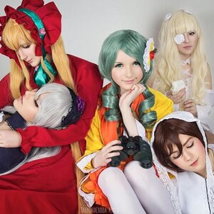 Rating: Safe Score: 0 Tags: 5girls blonde_hair blue_eyes brown_hair closed_eyes eyepatch green_hair hair_ornament kanaria long_hair multiple_cosplay multiple_girls realistic shinku tagme User: admin